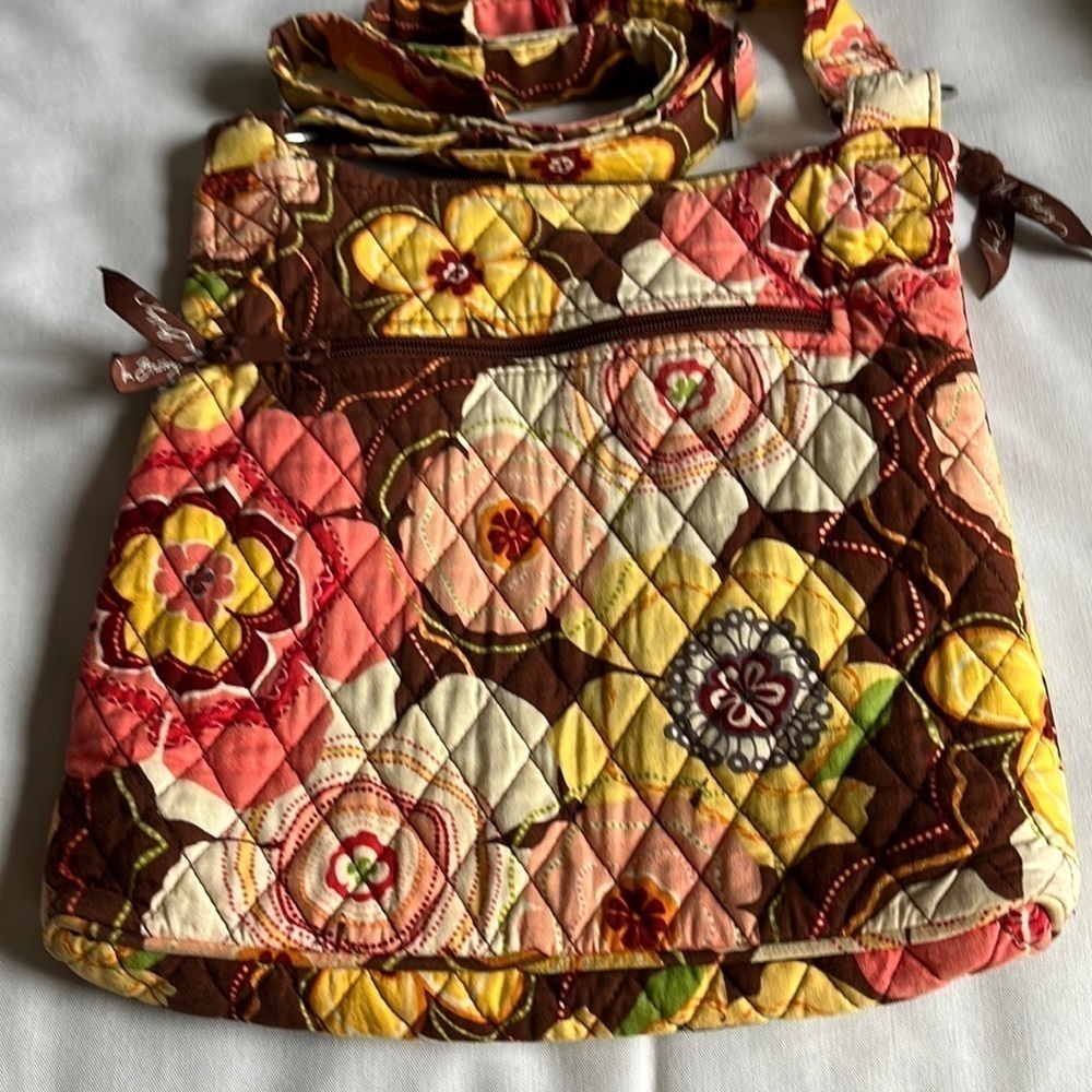 Vera Bradley Quilted Floral Crossbody Bag Brown Yellow Peach Adjustable Strap